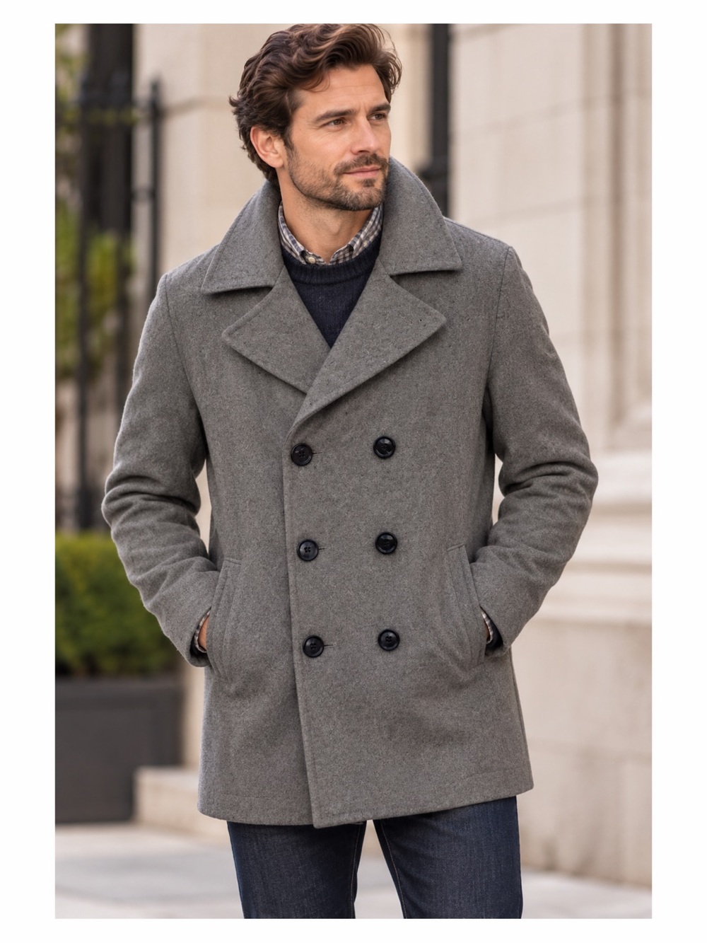 Land’s End Men’s Gray Wool Blend Pea Coat Top Coat Large